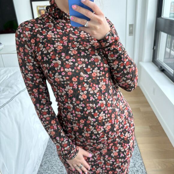 SOLD - Ramy Brook Turtleneck Floral Print Bodycon Midi Dress Brown Small - Picture 2 of 10